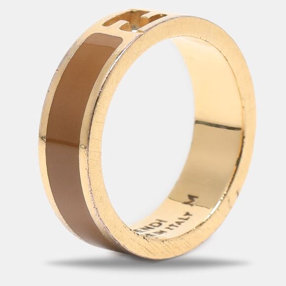 Fendi The Fendista Bi-Color Enamel Gold Tone Band Ring Size 55